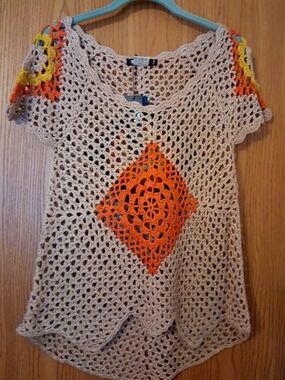 Miss Kelly 1999 Beige Open-Knit Crochet Tunic with Orange Accent
